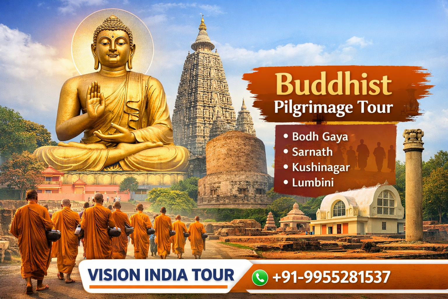 Buddhist Pilgrimage Tour package by Vision India Tour featuring Bodh Gaya, Sarnath, Kushinagar and Lumbini with contact +91-9955281537