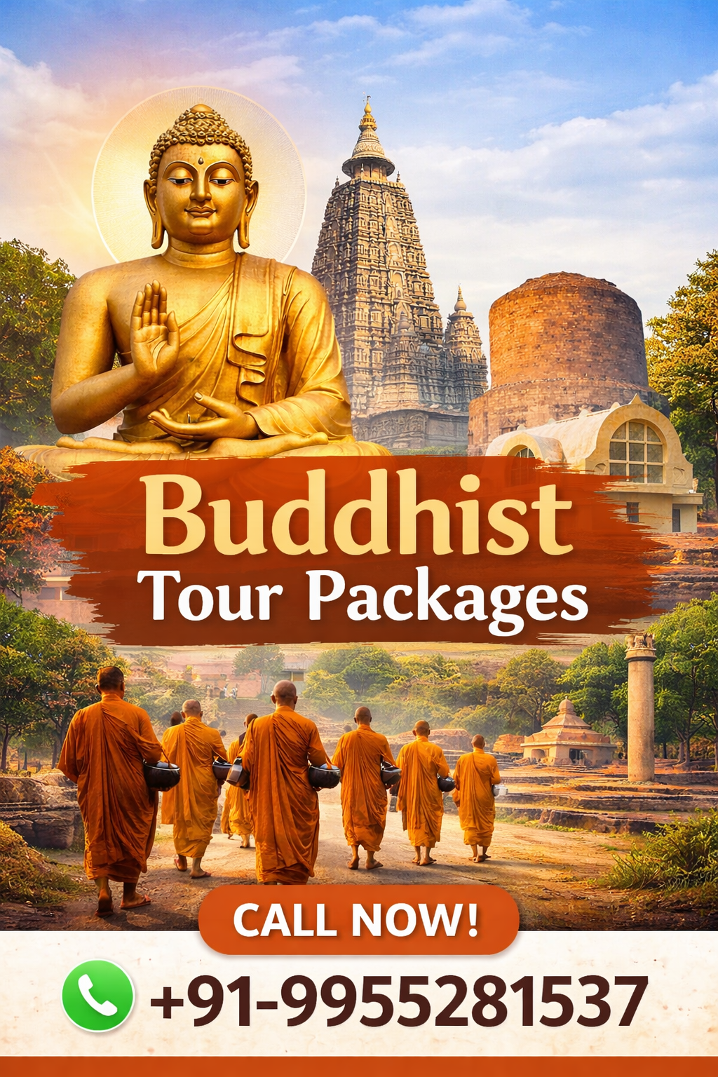 Buddhist Tour Packages covering Bodh Gaya, Sarnath, Kushinagar and Lumbini with contact number +91-9955281537