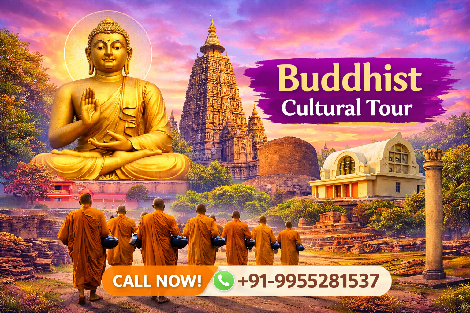 Buddhist Cultural Tour package showcasing sacred Buddhist sites with contact number +91-9955281537