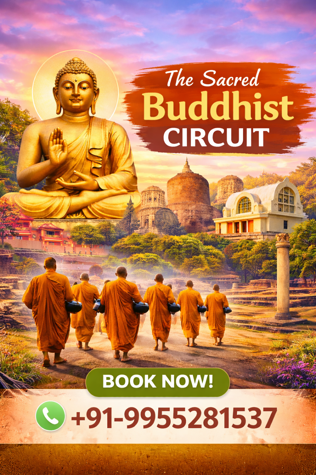 The Sacred Buddhist Circuit tour covering Bodh Gaya, Sarnath, Kushinagar and Lumbini with booking contact +91-9955281537