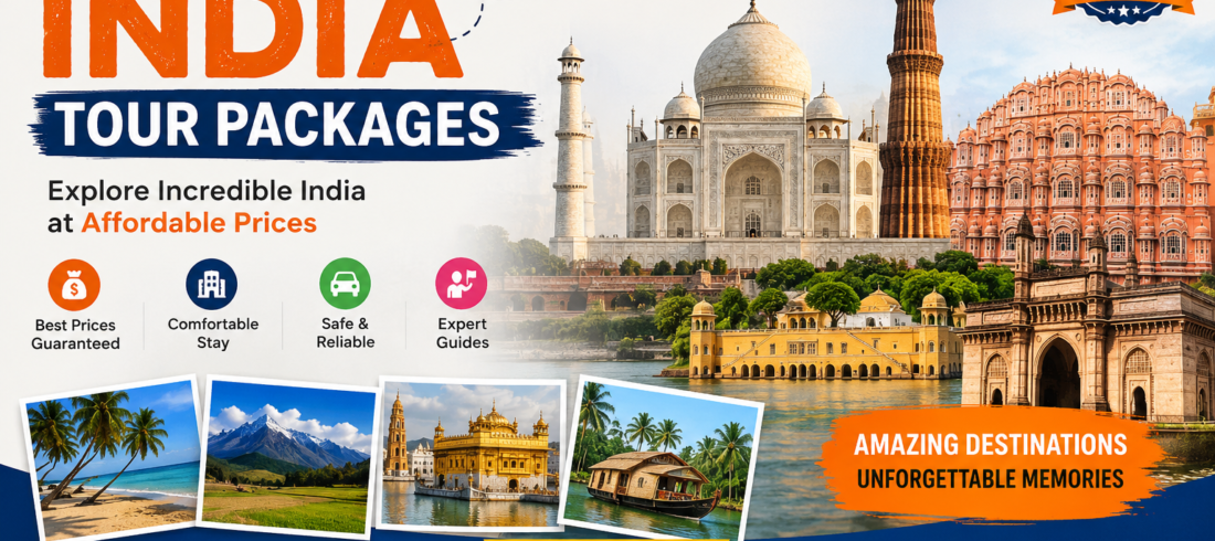 Budget India tour packages banner showcasing Taj Mahal, Hawa Mahal, and popular destinations with contact number +91-9955281537 for affordable travel booking.