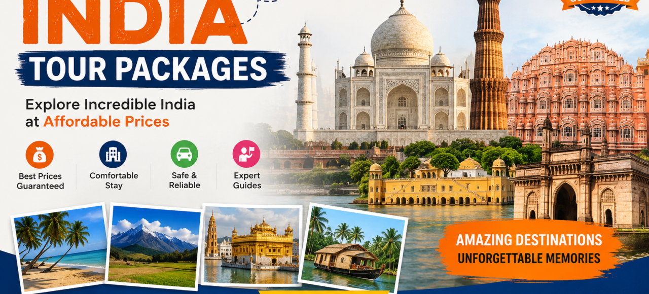 Budget India tour packages banner showcasing Taj Mahal, Hawa Mahal, and popular destinations with contact number +91-9955281537 for affordable travel booking.