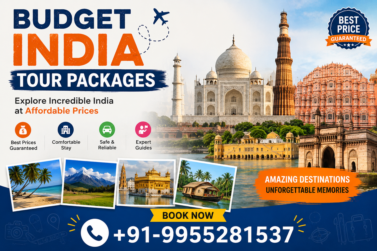 Budget India tour packages banner showcasing Taj Mahal, Hawa Mahal, and popular destinations with contact number +91-9955281537 for affordable travel booking.