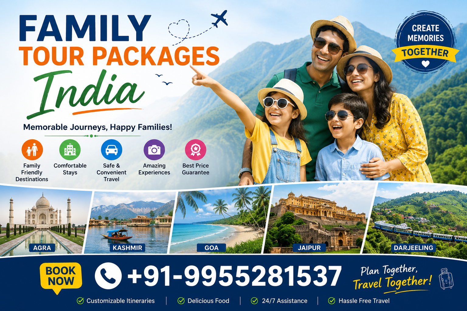 Family tour packages India banner featuring happy family travelers with destinations like Taj Mahal, Kashmir, Goa, Jaipur, and Darjeeling with contact number +91-9955281537 for booking.
