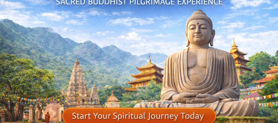 Lord Buddha Tour India banner with serene Buddha statue, spiritual temple background and contact details for Buddhist pilgrimage tour