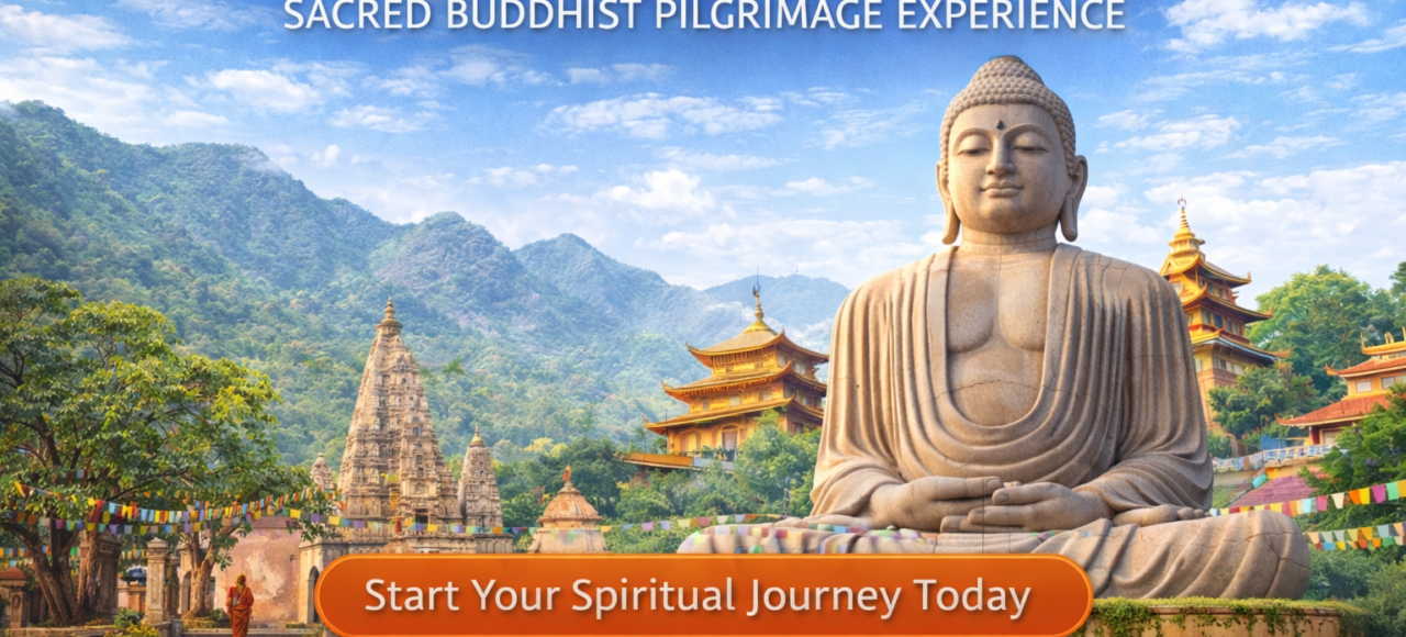 Lord Buddha Tour India banner with serene Buddha statue, spiritual temple background and contact details for Buddhist pilgrimage tour