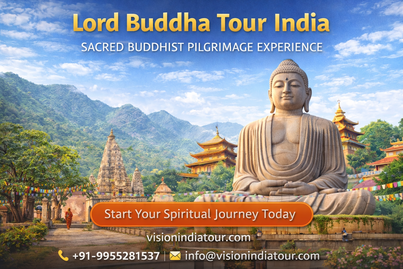Lord Buddha Tour India banner with serene Buddha statue, spiritual temple background and contact details for Buddhist pilgrimage tour